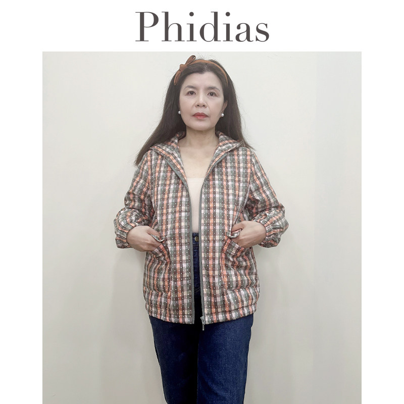 Phidias格子短款棉服女冬季2026年新款时尚洋气长袖连帽棉衣外套