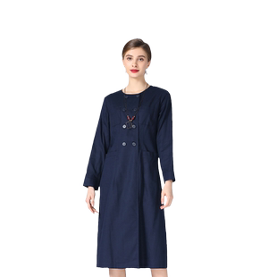 Phidias春装新款气质优雅修身显瘦连衣裙长袖蓝色中长裙子