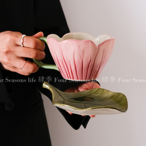 复古手绘釉下彩郁金香花朵咖啡杯