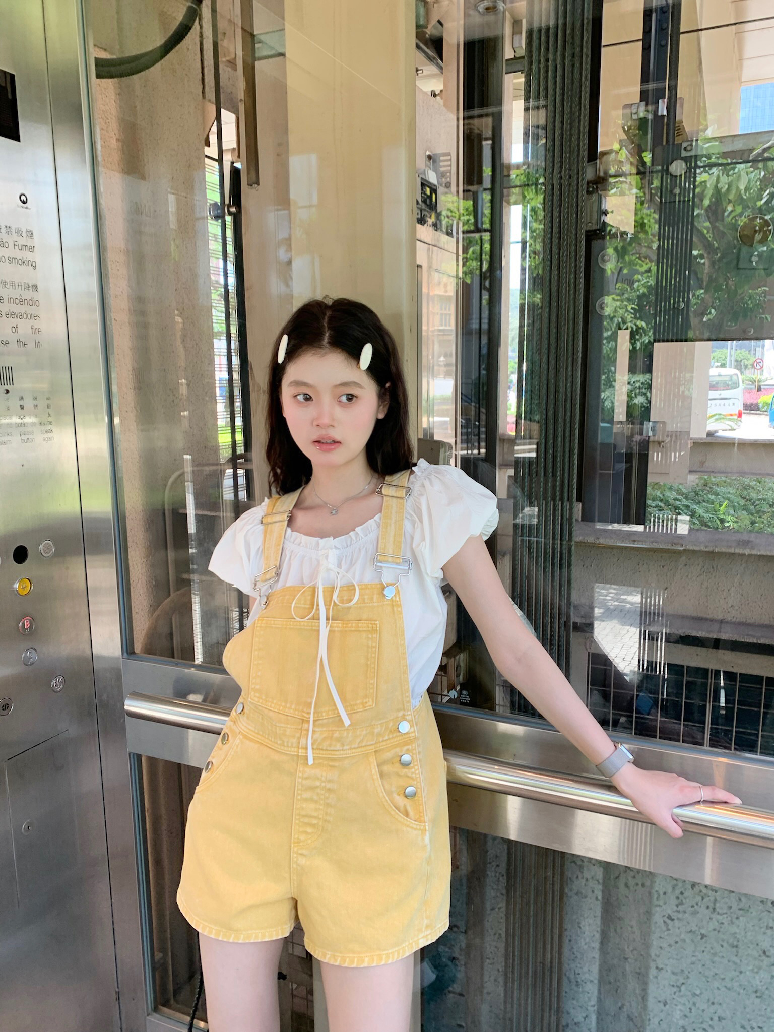 freshtaro 浅浅姜黄水洗牛仔背带短裤女2023新款夏季高腰宽松裤子