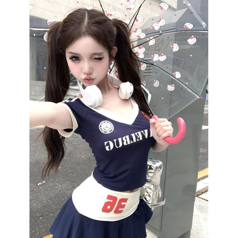 美式学院风套装辣妹字母拼接v领短袖上衣a字显瘦半身裙女夏两件套