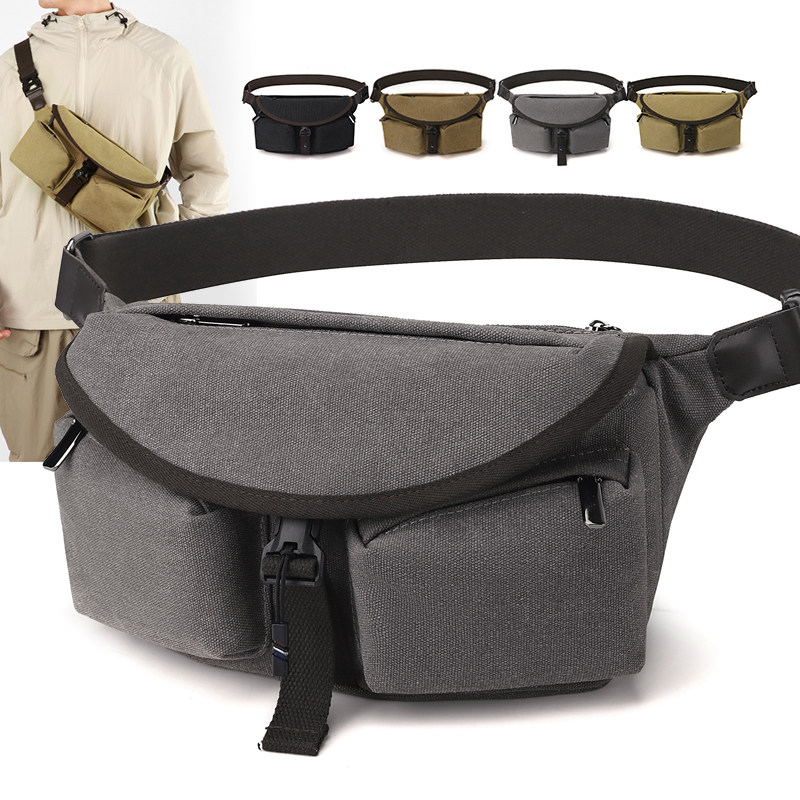 男士休闲单肩斜挎包新款帆布复古斜跨包胸包男大容量户外运动腰包