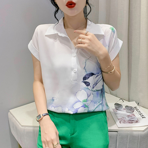 TR27705# #夏季新款时尚印花雪纺蝙蝠短袖衬衣百搭宽松上衣女 女装批发服装批发货源