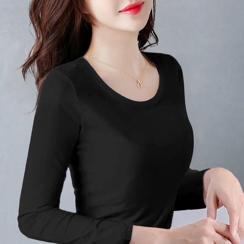纯色秋衣打底衫女长袖t恤女春秋紧身上衣圆领修身内搭款韩版弹力