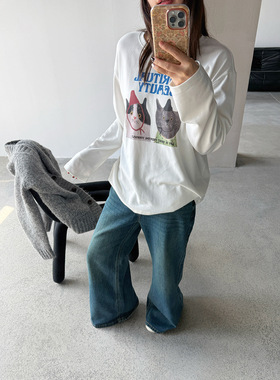 「女装」-四季-卡通猫咪T恤女韩系宽松长袖基础款打底（S-M）