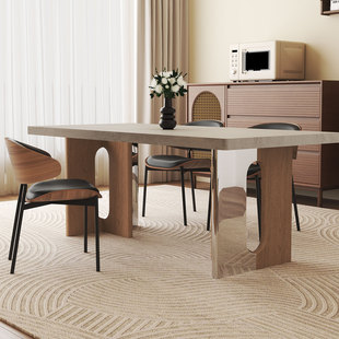 意式 轻奢洞石岩板餐桌椅组合家用现代极简小户型长方形下挂饭桌