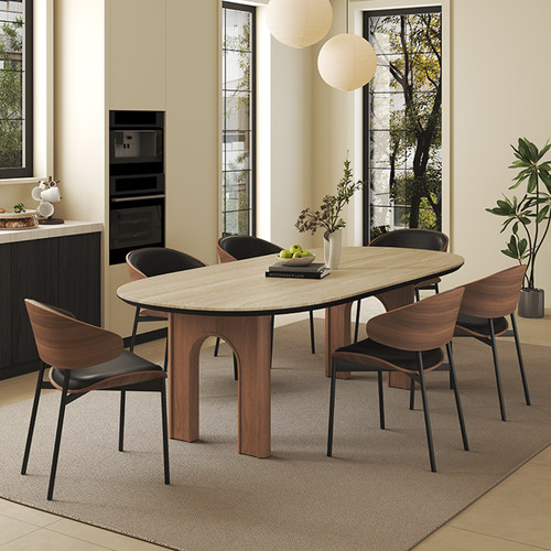 国补意式极简小户型长方形家用客厅现代简约洞石餐桌轻奢餐椅组合