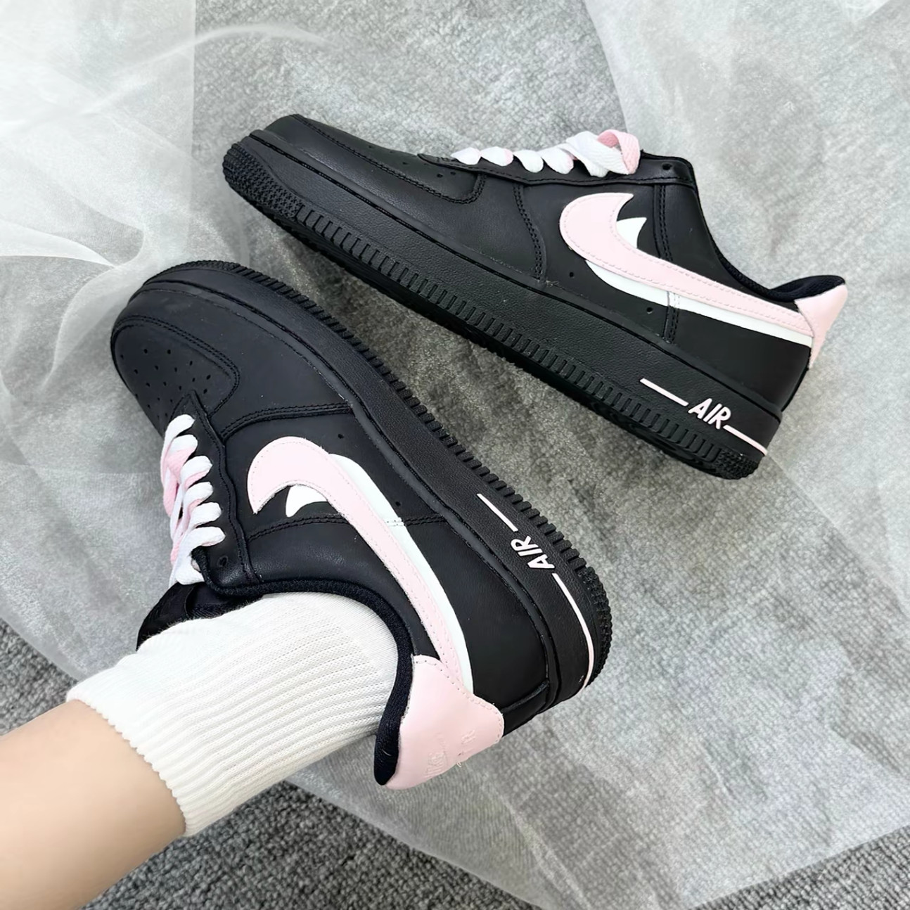 LPP定制球鞋 Nike Air Force 1粉白双勾Vlad甜酷潮流黑粉空军一号