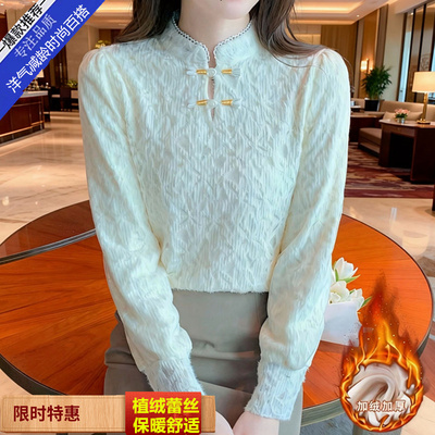 冬季加绒加厚纯色蕾丝内搭打底衫胖mm大码外穿防寒保暖网纱上衣