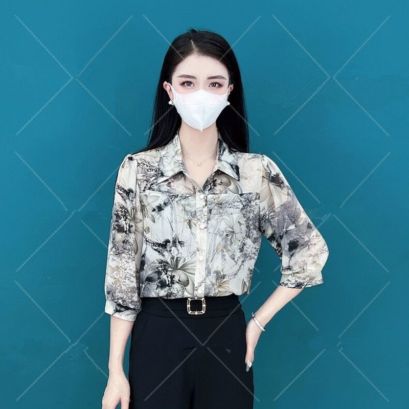 薄款七分袖衬衫夏季女时尚洋气宽松显瘦减龄漂亮防晒开衫冰丝上衣