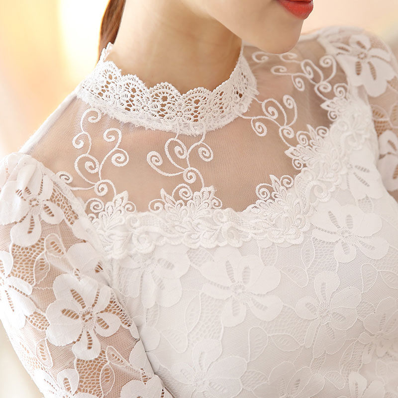蕾丝白色内搭大码加绒网纱打底衫