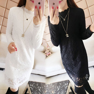 上衣大码 中长款 遮肚显瘦秋冬女加绒洋气连衣裙 蕾丝打底衫 胖mm长袖