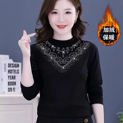 加绒烫钻蕾丝花边网纱打底衫长袖冬季半高领外穿洋气保暖加厚小衫