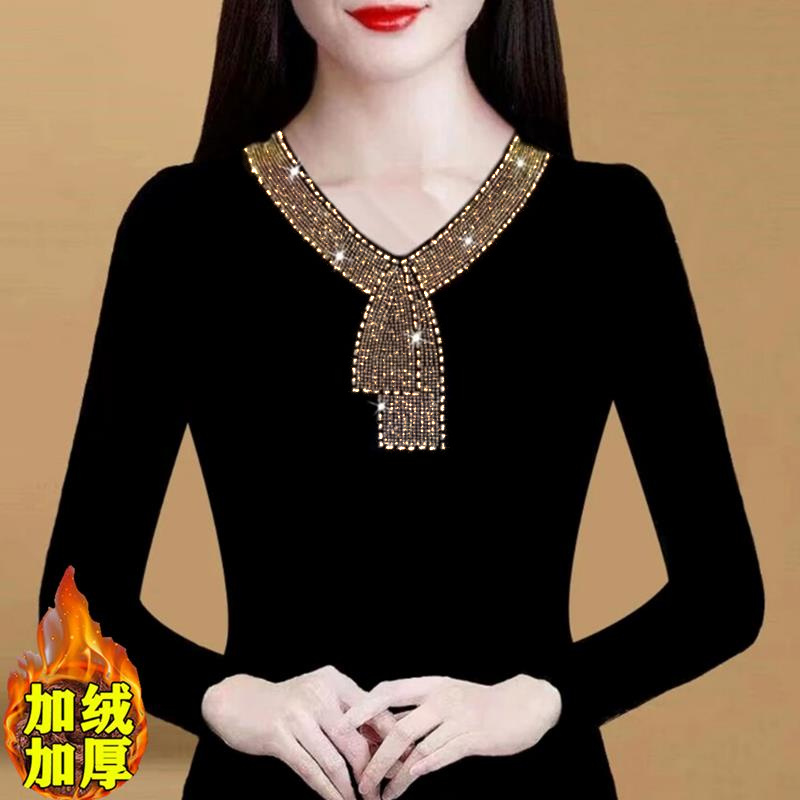 长袖百搭加绒烫钻网纱女遮肚子