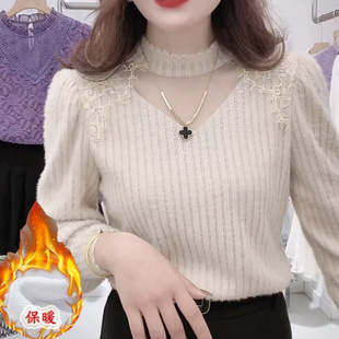 加绒烫钻磨毛蕾丝打底衫 女2025秋冬超仙洋气名媛显瘦百搭保暖上衣