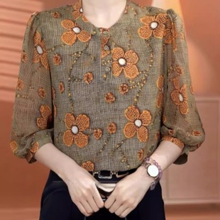 【洒银工艺】夏天冰丝雪纺衬衫气质妈妈装显瘦宽松透气七分袖上衣