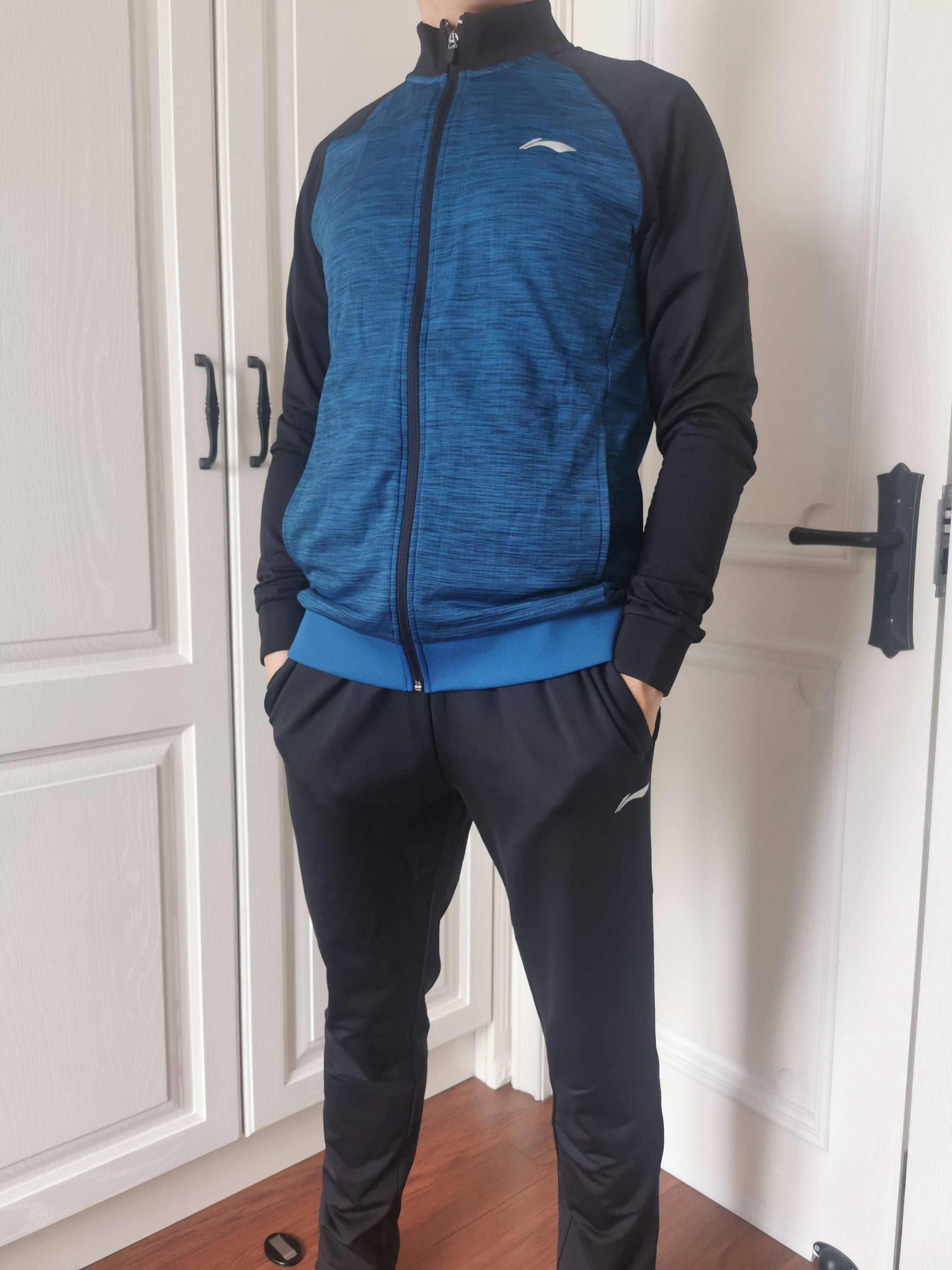 李宁羽毛球服套装立领开衫外套蓝黑色速干保暖春秋初夏运动服套装
