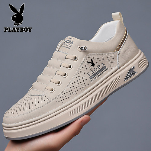 花花公子真皮休闲小白鞋洞洞鞋