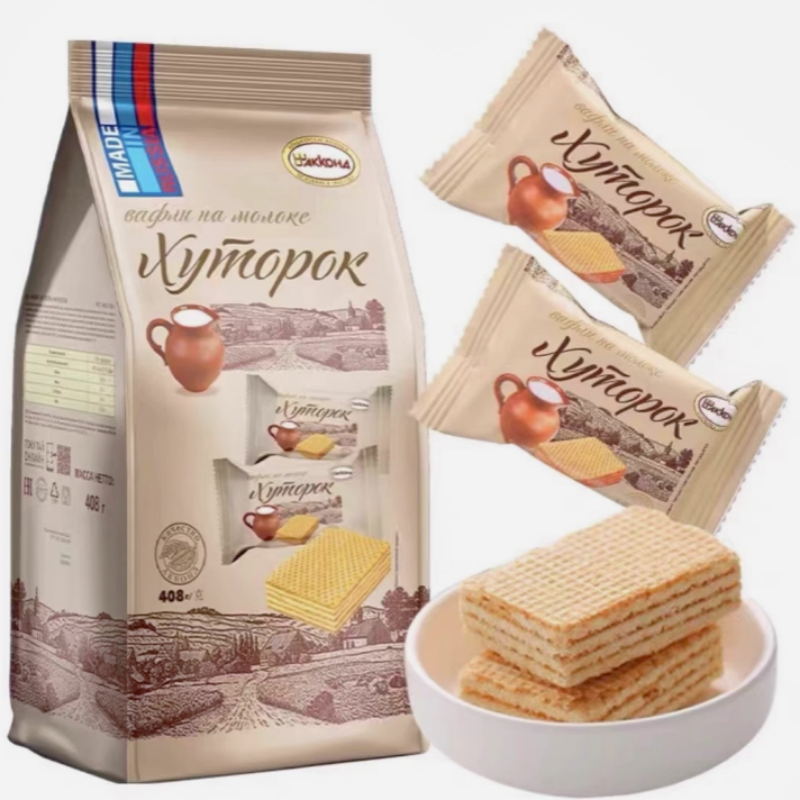 俄罗斯阿孔特小农庄牛奶味威化饼干408g进口零食独立包装袋装包邮