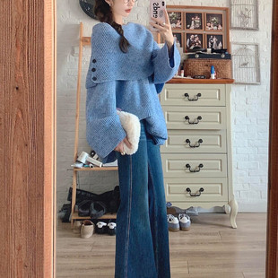 蓝色一字肩针织衫毛衣女秋冬季2025新款慵懒高级感巨好看宽松上衣