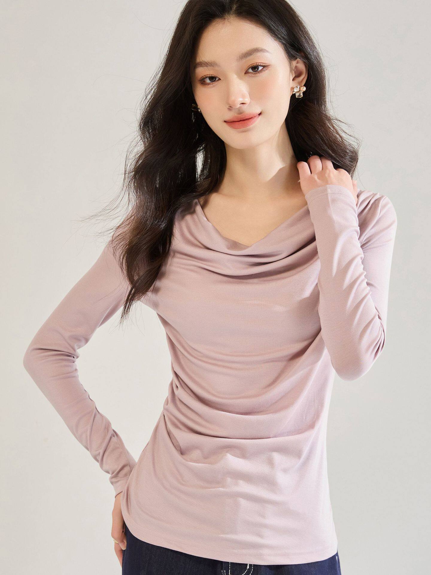 2026新款时尚设计感针织长袖t恤女早春季新款修身上衣内搭打底衫