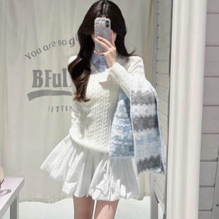 韩系衬衫领假两件白毛衣女秋冬修身内搭高级感套头小个子针织上衣