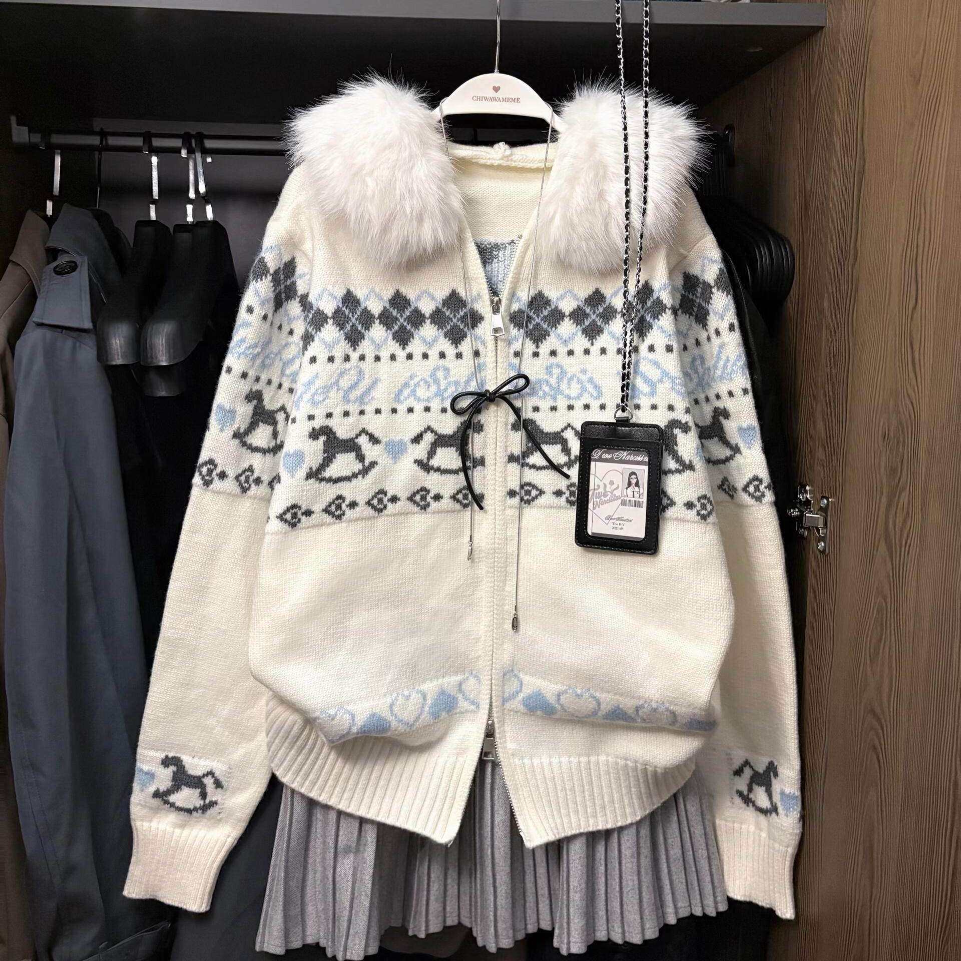 复古费尔岛毛领连帽毛衣外套女秋冬小个子慵懒风甜美针织开衫上衣