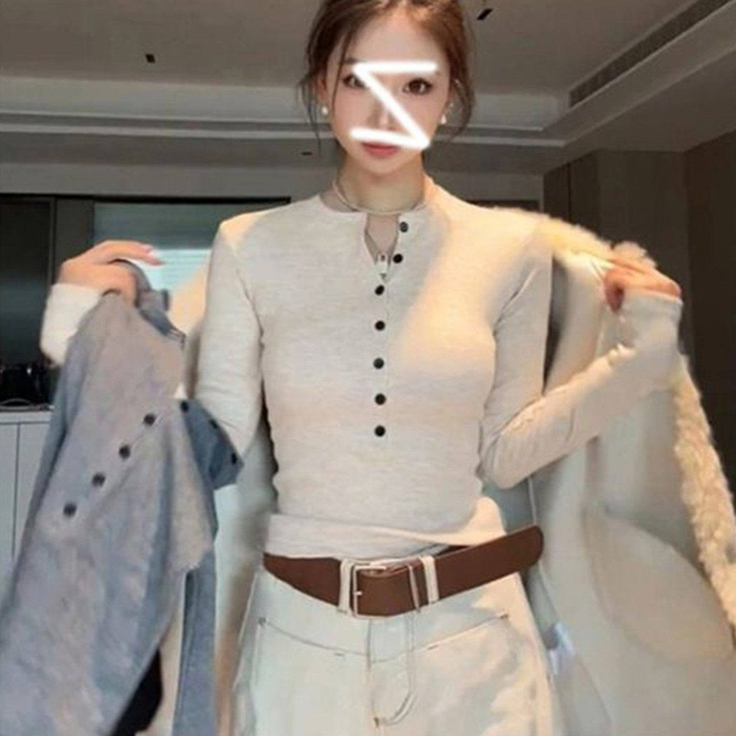 加厚加绒内搭上衣女秋冬小个子短款修身亨利领外穿打底衫t恤体