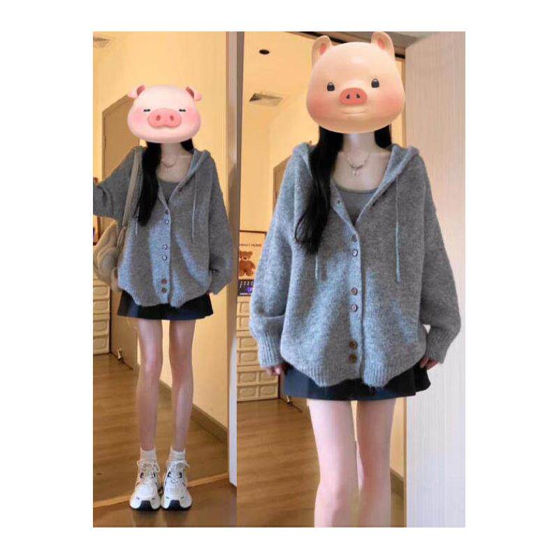 灰色连帽毛衣开衫外套女秋季韩系穿搭宽松软糯慵懒风针织衫上衣冬