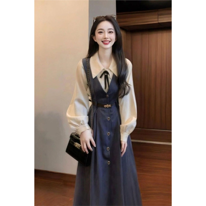 秋冬季气质百搭拼接收腰设计感背心长裙女杏色长袖衬衣套装女