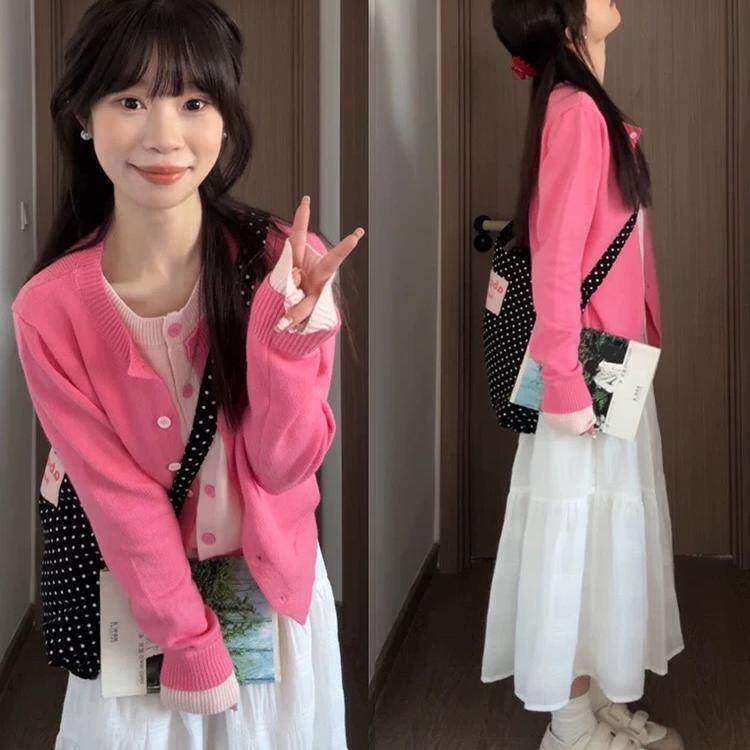 早春粉色假两件长袖针织开衫外套女春秋季外搭小个子软糯撞色上衣