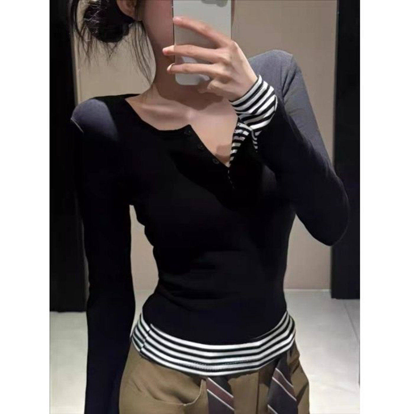 2025新款撞色条纹长袖上衣女秋磨毛修身短款t恤小个子内搭打底衫