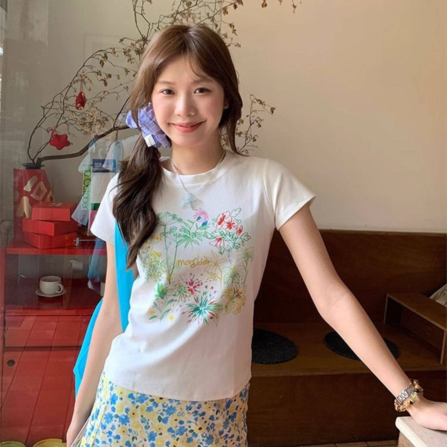 小个子短袖上衣女夏装修身内搭打底短款纯棉螺纹t恤法式洋气印花