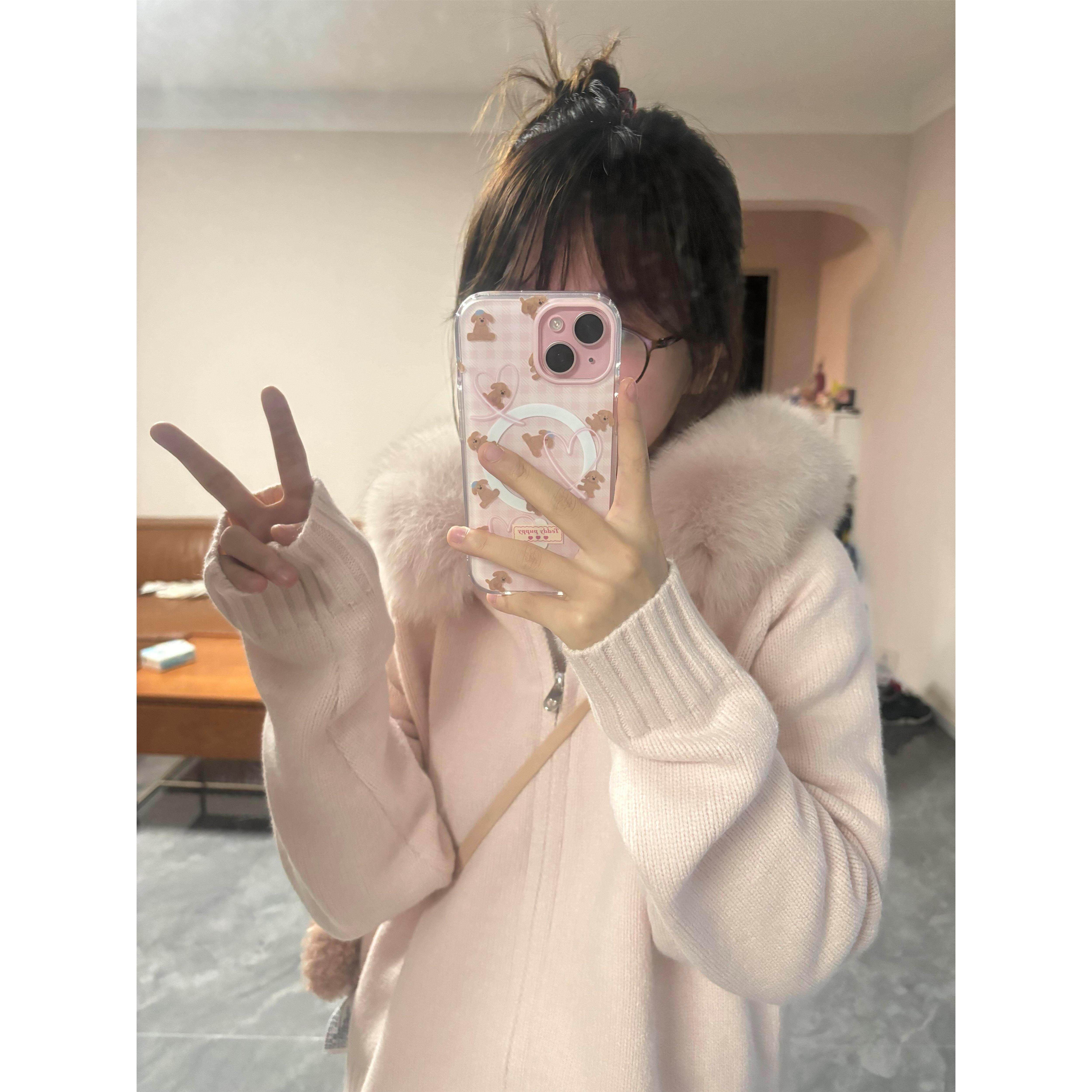 秋冬可拆卸毛领连帽粉色毛衣开衫女韩系慵懒风高级感针织外套上衣