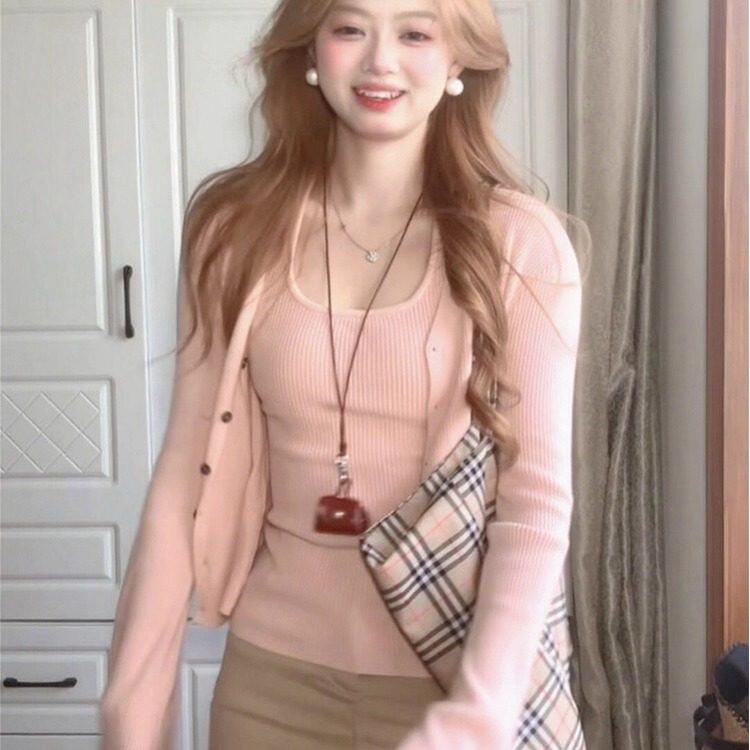 新款早秋韩系百搭氛围感针织吊带开衫两件套装女修身显瘦薄款外套