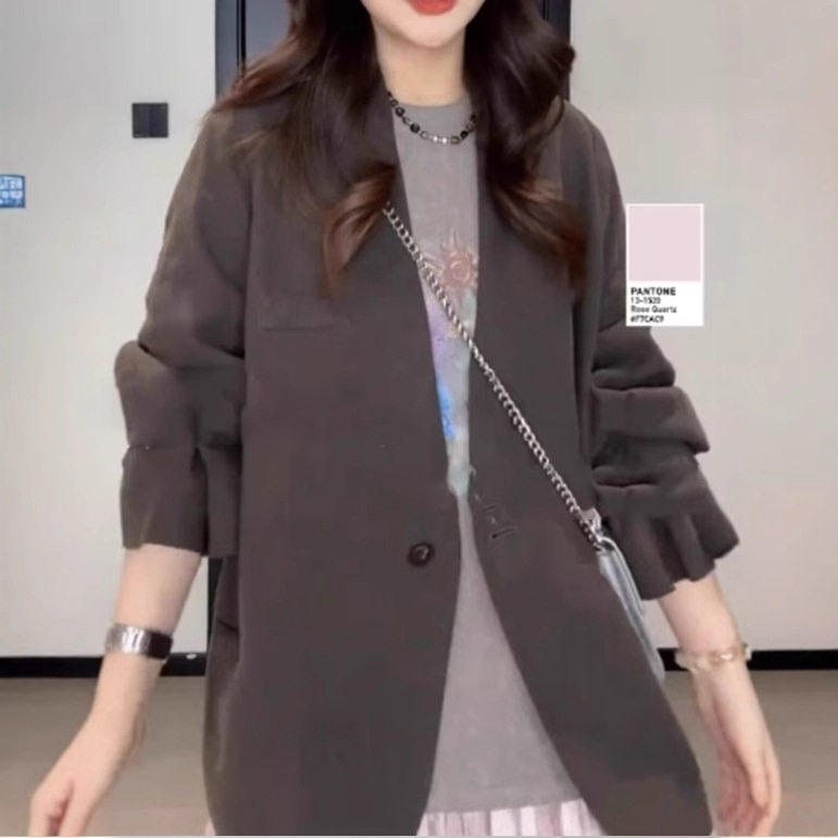 韩系中长款宽松西装春季大码胖mm气质时尚百搭休闲宽松外套女上衣