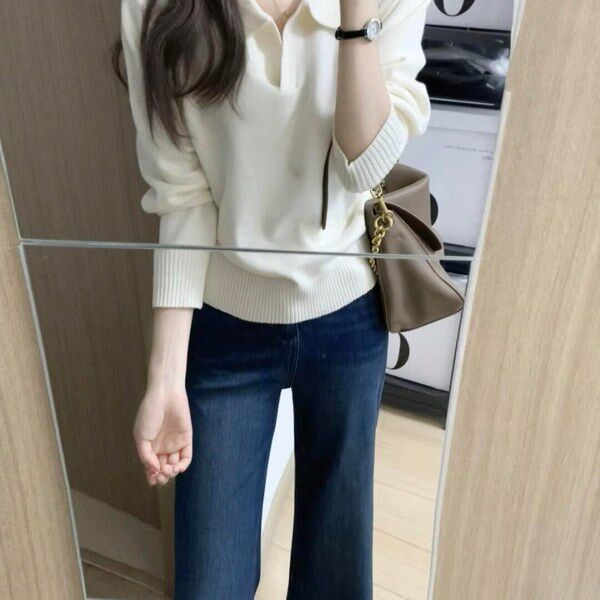 韩系白色针织女秋冬chic穿搭修身打底衫polo领内搭可外穿长袖上衣