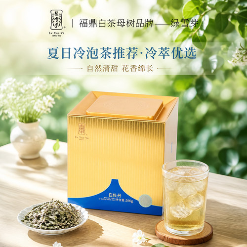 绿雪芽福鼎白茶2023年老白茶正方罐白牡丹茶叶大金罐礼盒冷泡260g