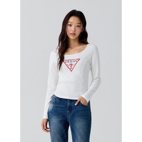 GUESS/盖尔斯韩国代购26秋女士经典大标弹力修身圆领长袖T恤打底