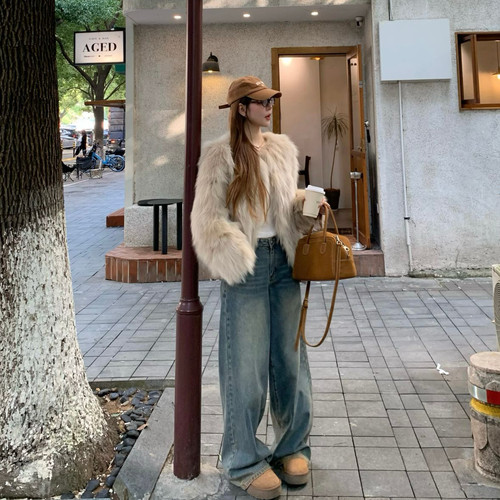 牛仔裤高腰阔腿裤水洗蓝