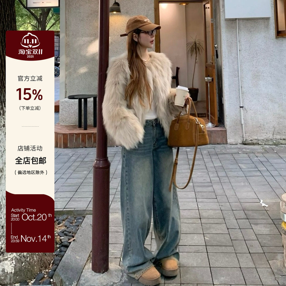 Yilann2025新款秋冬水洗蓝色阔腿裤宽松百搭时尚长款设计感牛仔裤