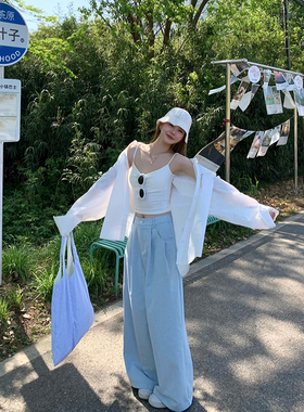 YILANN2025新款春夏韩系女baby蓝阔腿高腰松紧牛仔裤薄款宽松长裤