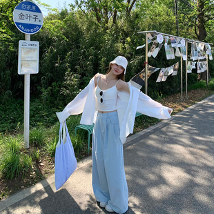 YILANN2025新款春夏韩系女baby蓝阔腿高腰松紧牛仔裤薄款宽松长裤