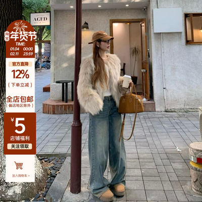 牛仔裤高腰阔腿裤水洗蓝