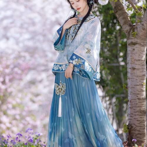 2026新款春风语改良重工印花日常对襟圆领衫印花国风百褶裙夏款