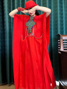 杨丽萍同款民族风新品蝙蝠袖宽松棉麻长袍女夏季新款大红连衣裙