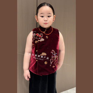 丝绒女童马甲绣花旗袍裙秋冬复古连衣裙儿童国风演出服拜年服