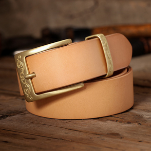 铜针扣雕刻花纹扣头头层牛皮腰带