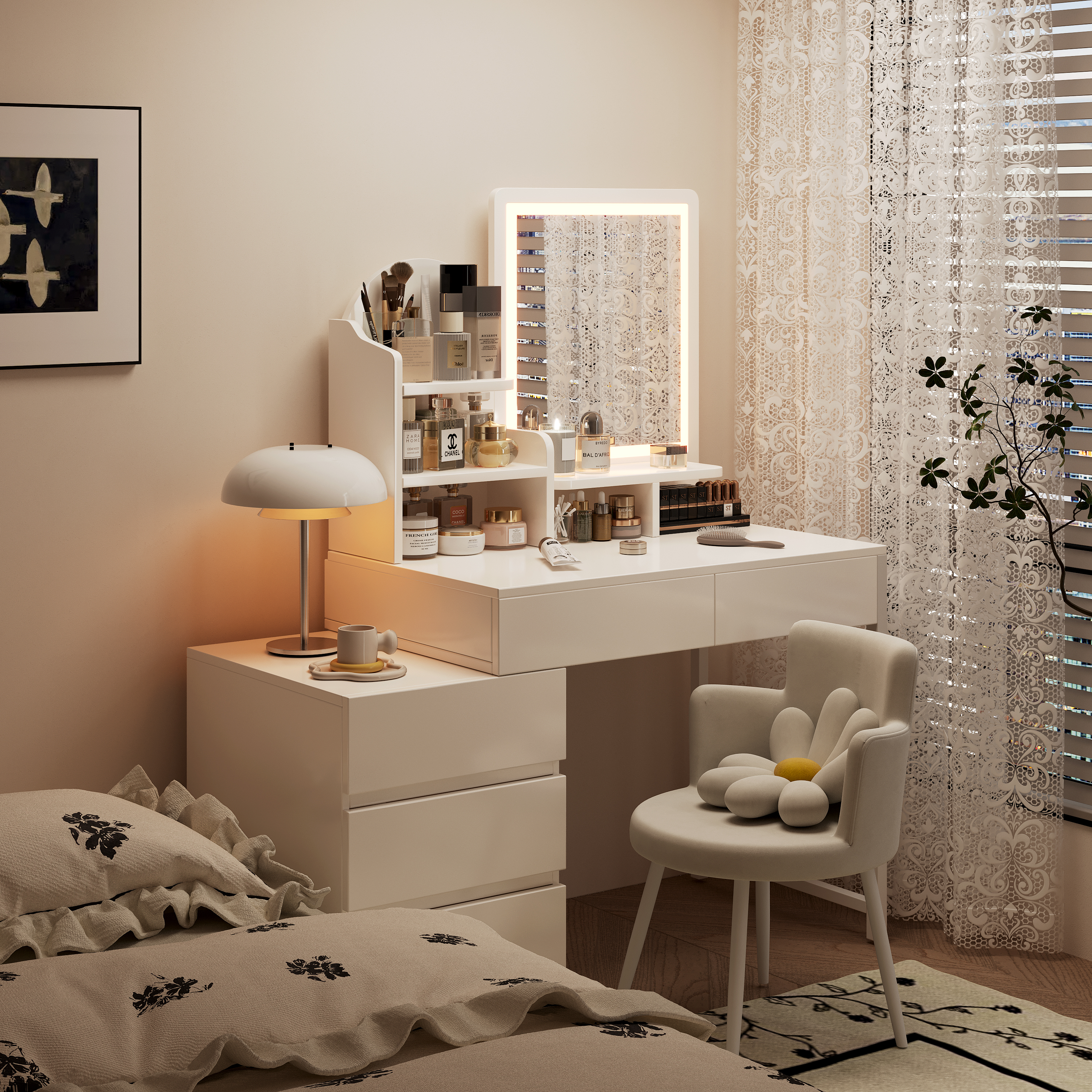 实木梳妆台卧室现代简约化妆镜一体2025新款收纳柜可伸缩化妆桌柜