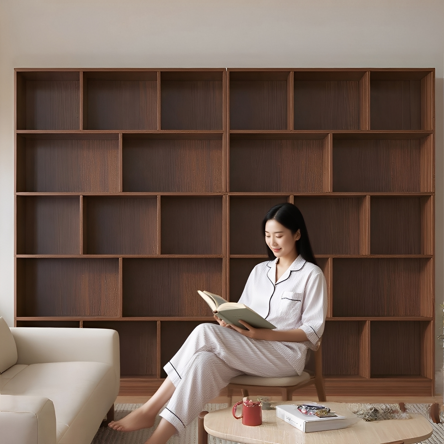 满墙书架一体靠墙落地置物架整墙格子柜客厅组合书柜开放格展示柜